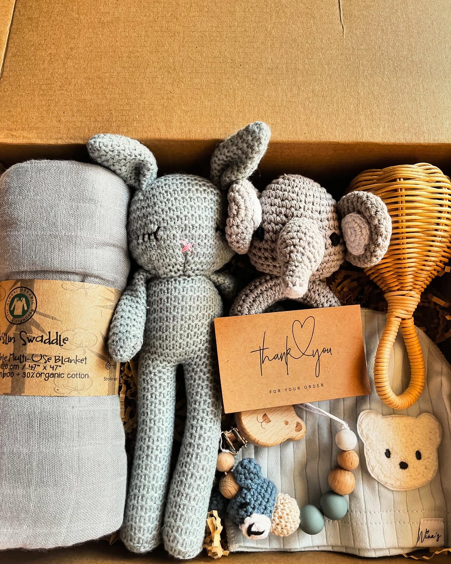 Newborn Baby Gift Box | Swaddle, Baby Hat, Pacifier Clip, Soft Toy, Teether & Shaker