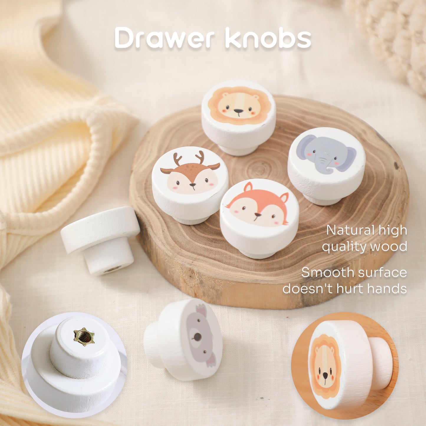 Set of drawer knobs with animal designs on a wooden surface