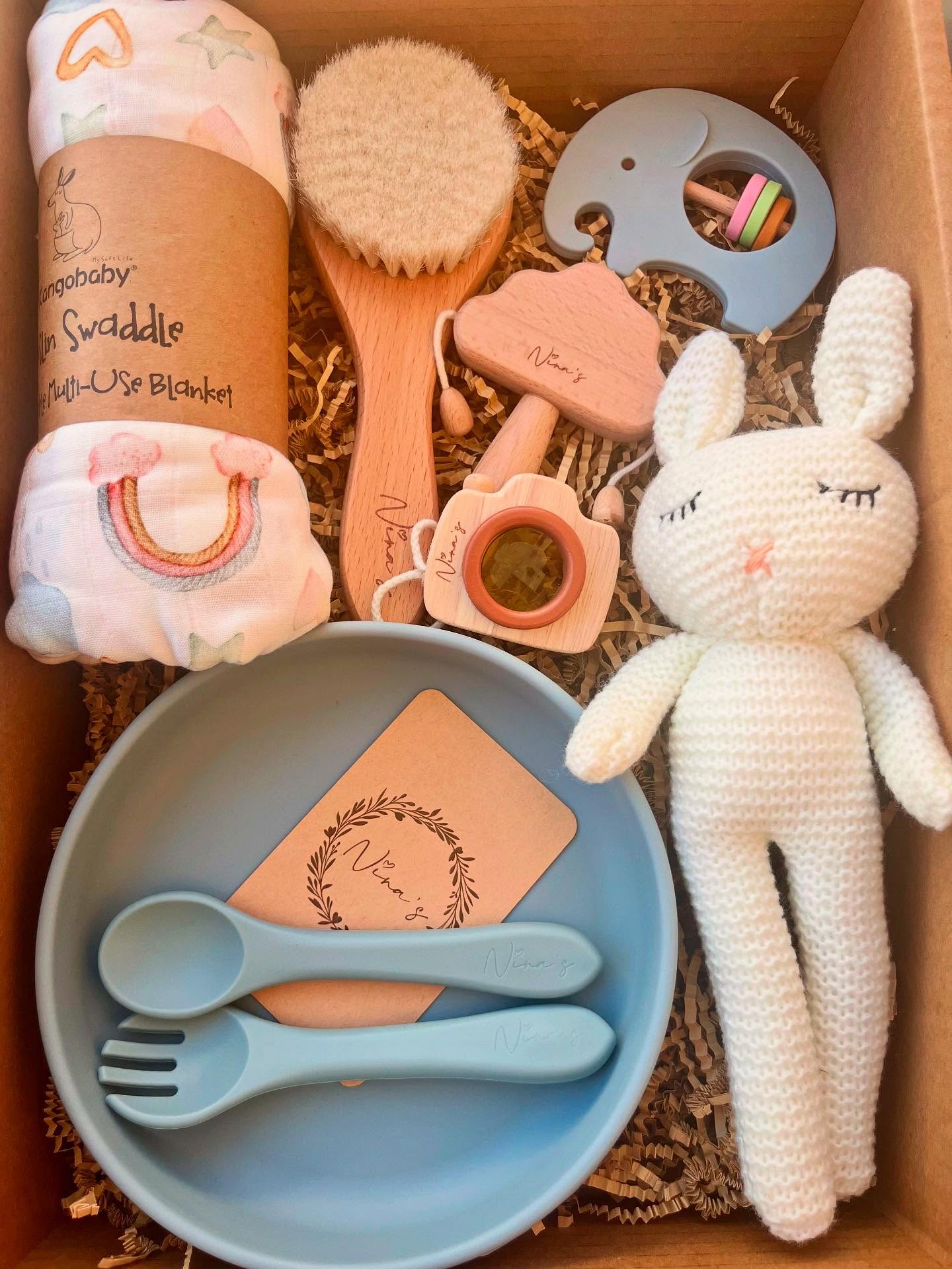 Newborn Baby Gift Box | Swaddle, Baby Brush, Shakers, Soft Toy & Plate with Fork & Spoon