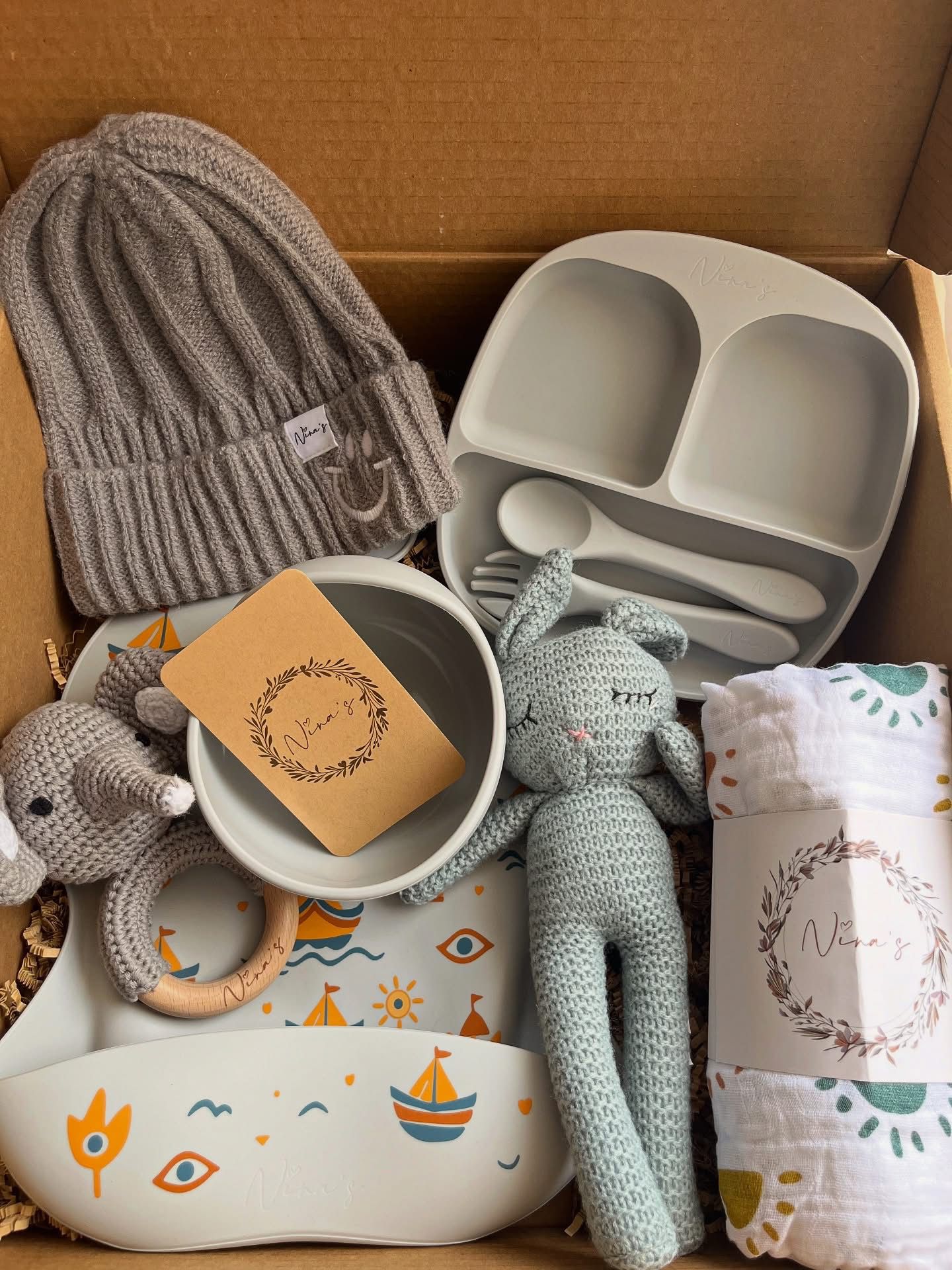 Newborn & Infant Gift Box | Animal Teether, Swaddle, Feeding Set, Soft Toy & Beanie