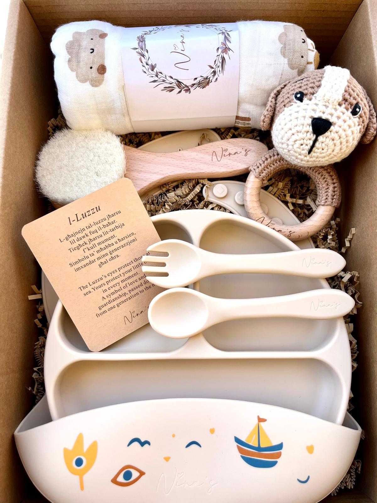 Neutral Newborn & Infant Baby Gift Box | Swaddle, Luzzu Bib, Plate, Fork & Spoon, Teether & Baby Brush