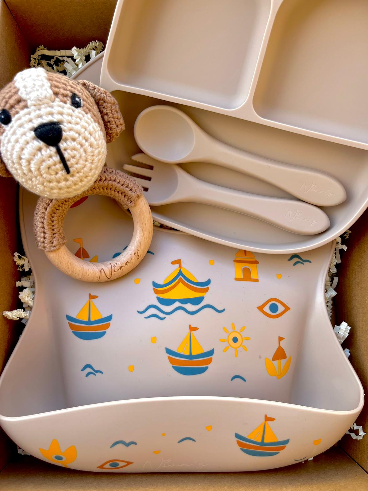 Infant & Toddler Gift Box | Animal Teether, Silicone Bib, Bowl, Fork & Spoon