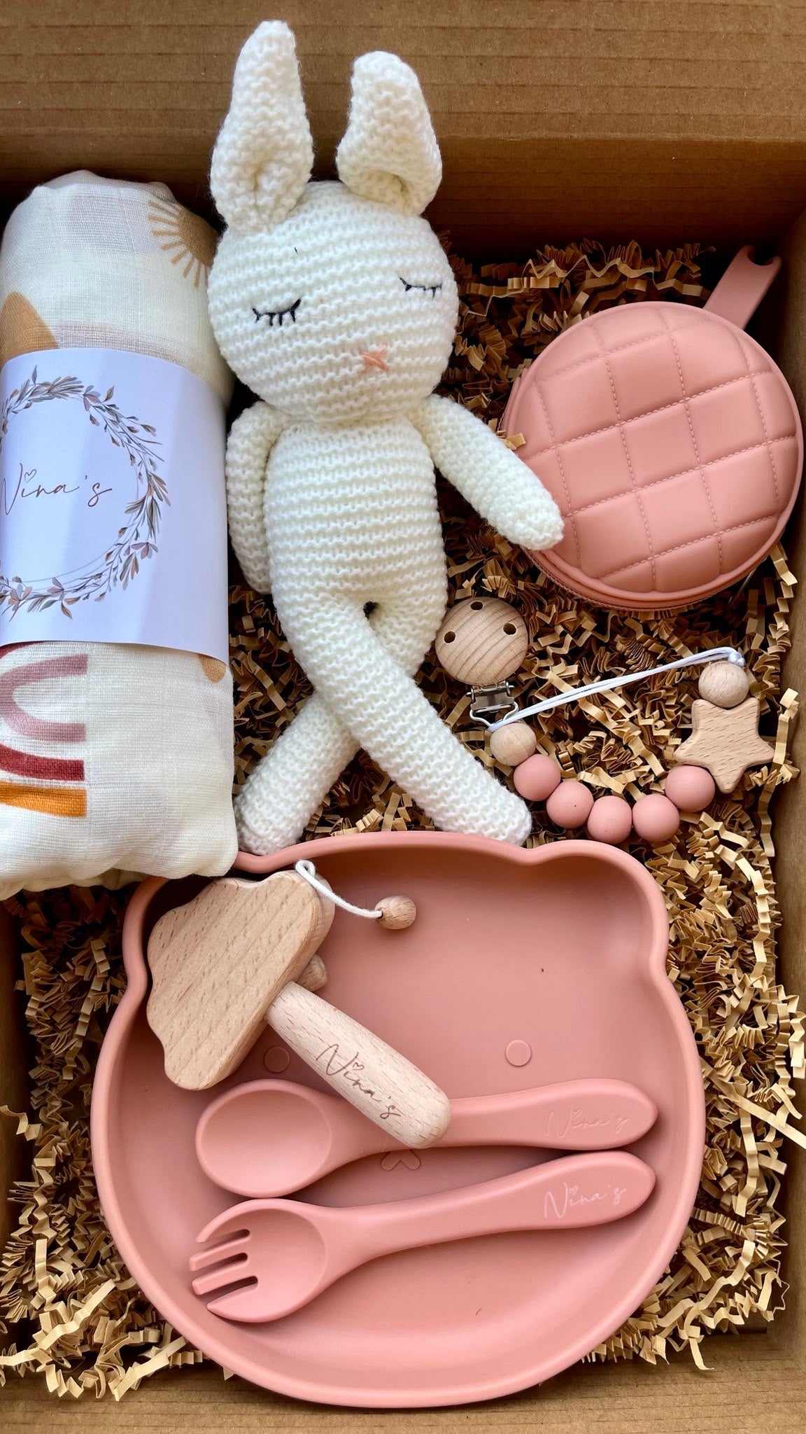 Infant & Toddler Gift Box | Swaddle, Soft Toy, Bear Plate, Cloud Shaker, Pacifier Pocket & Chain