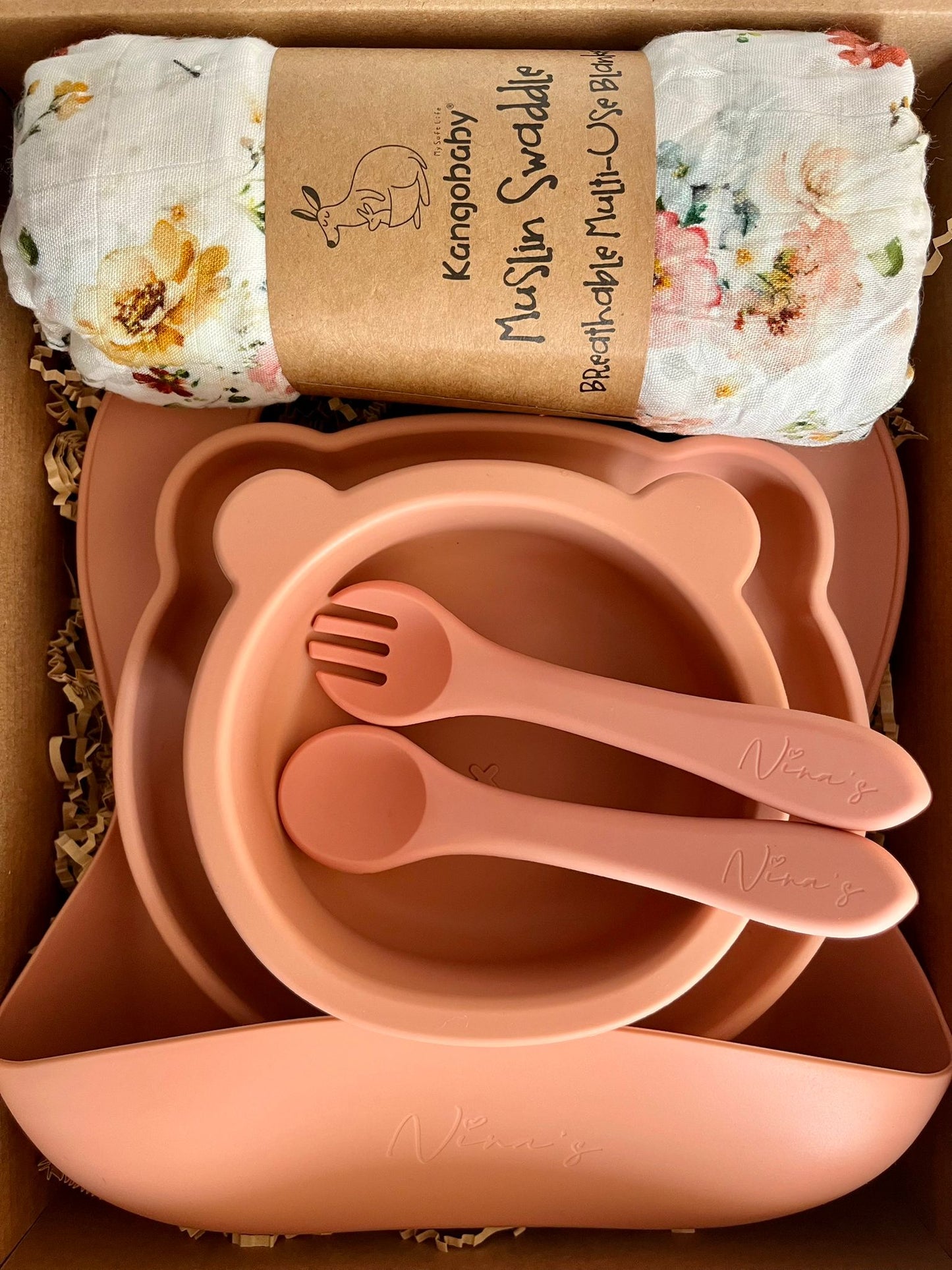 Newborn & Infant Gift Box | Swaddle, Silicone Bib, Plate, Bowl, Spoon & Fork
