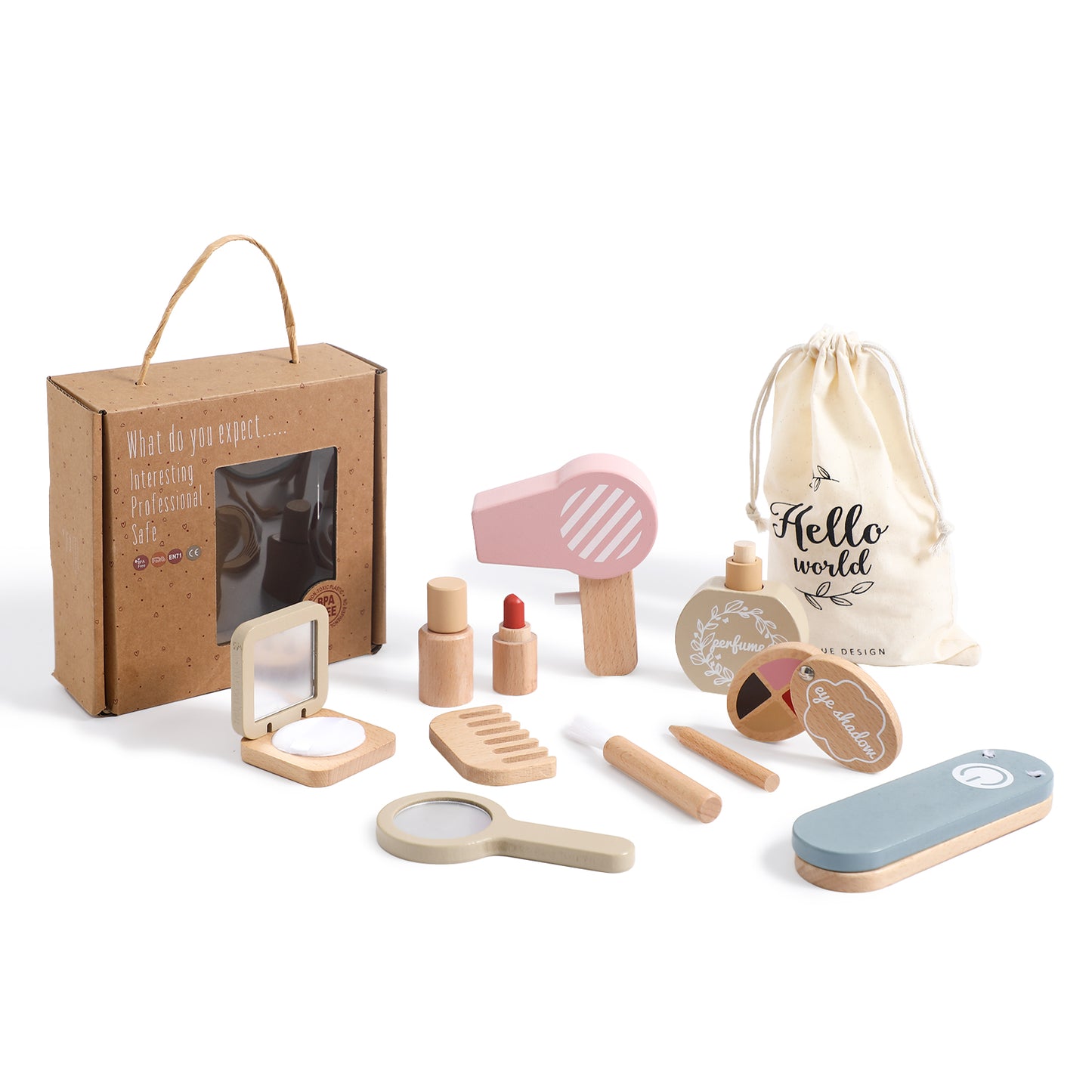 Set of wooden makeup toys with packaging and drawstring bag on a white background