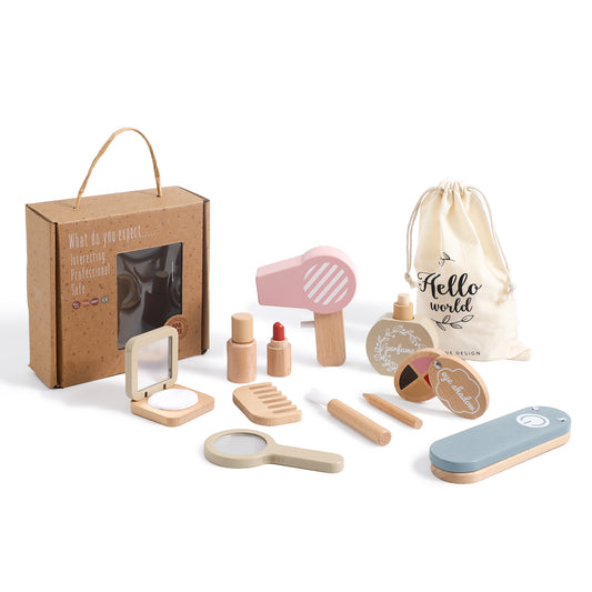 Set of wooden makeup toys with packaging and drawstring bag on a white background