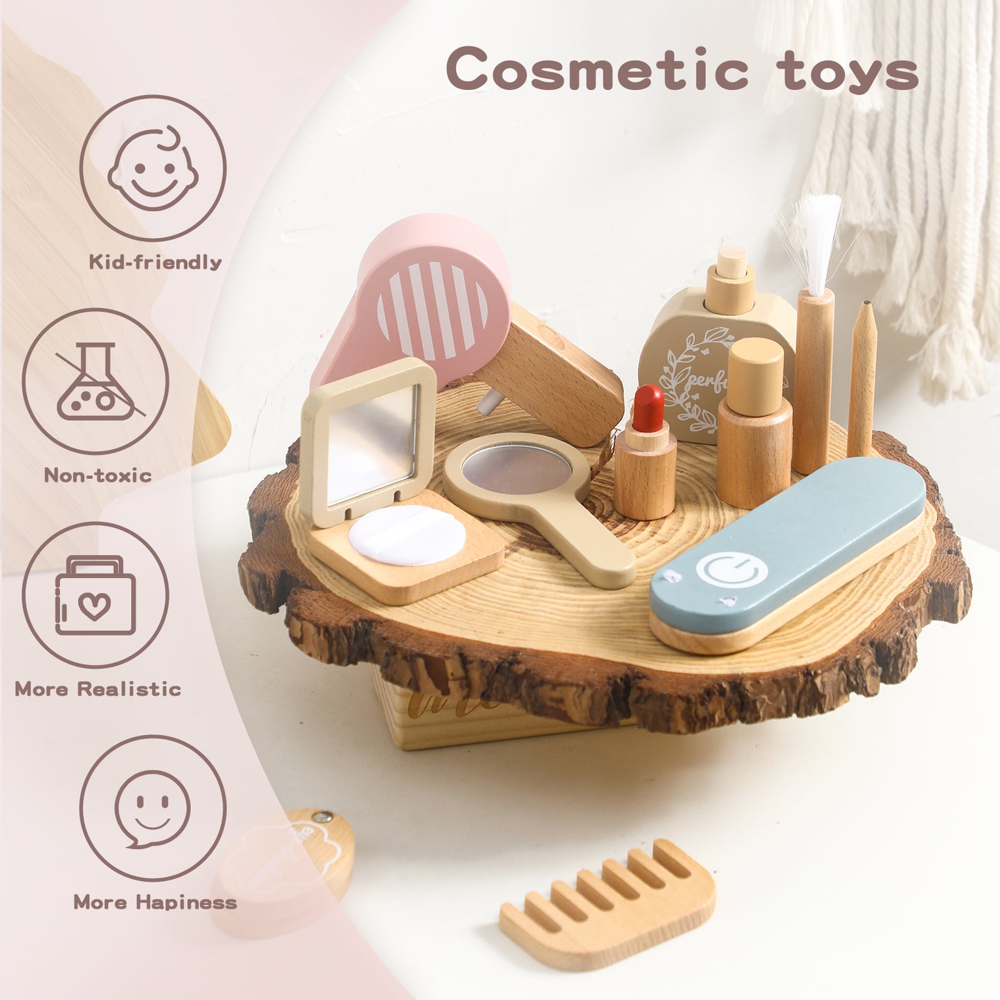 Set of toy cosmetic items on a wooden stand with a heart-shaped base, featuring icons indicating kid-friendly, non-toxic, and more realistic aspects.
