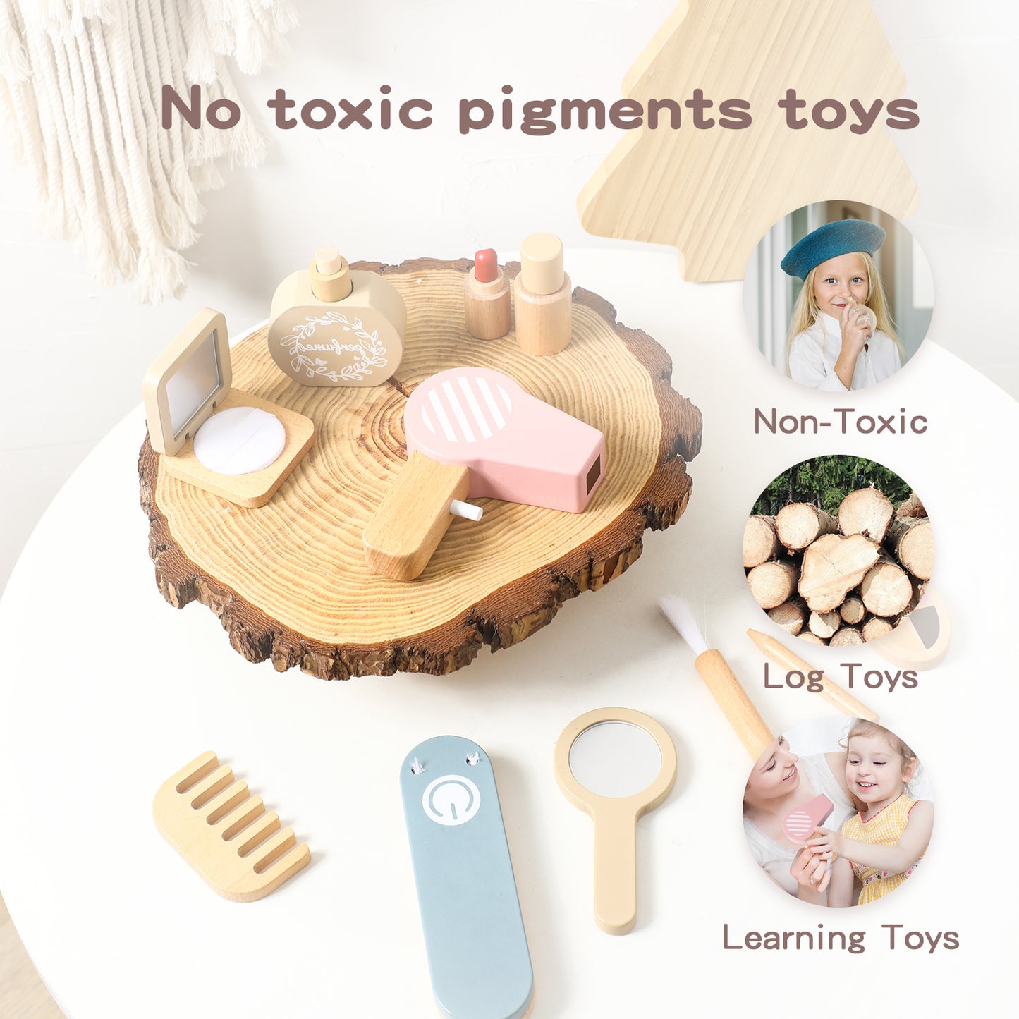 Collection of wooden toys on a white surface with text indicating 'No toxic pigments toys' and 'Non-Toxic Log Toys'.