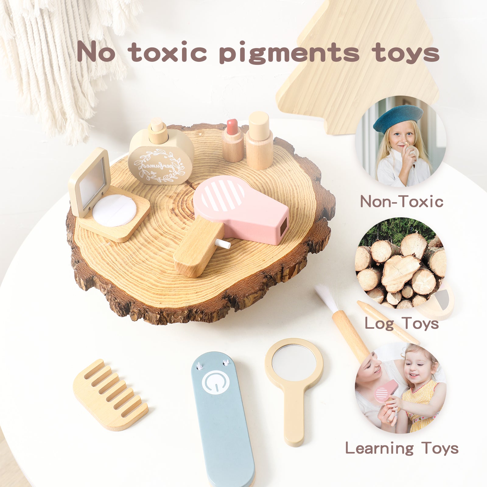 Collection of wooden toys on a white surface with text indicating 'No toxic pigments toys' and 'Non-Toxic Log Toys'.