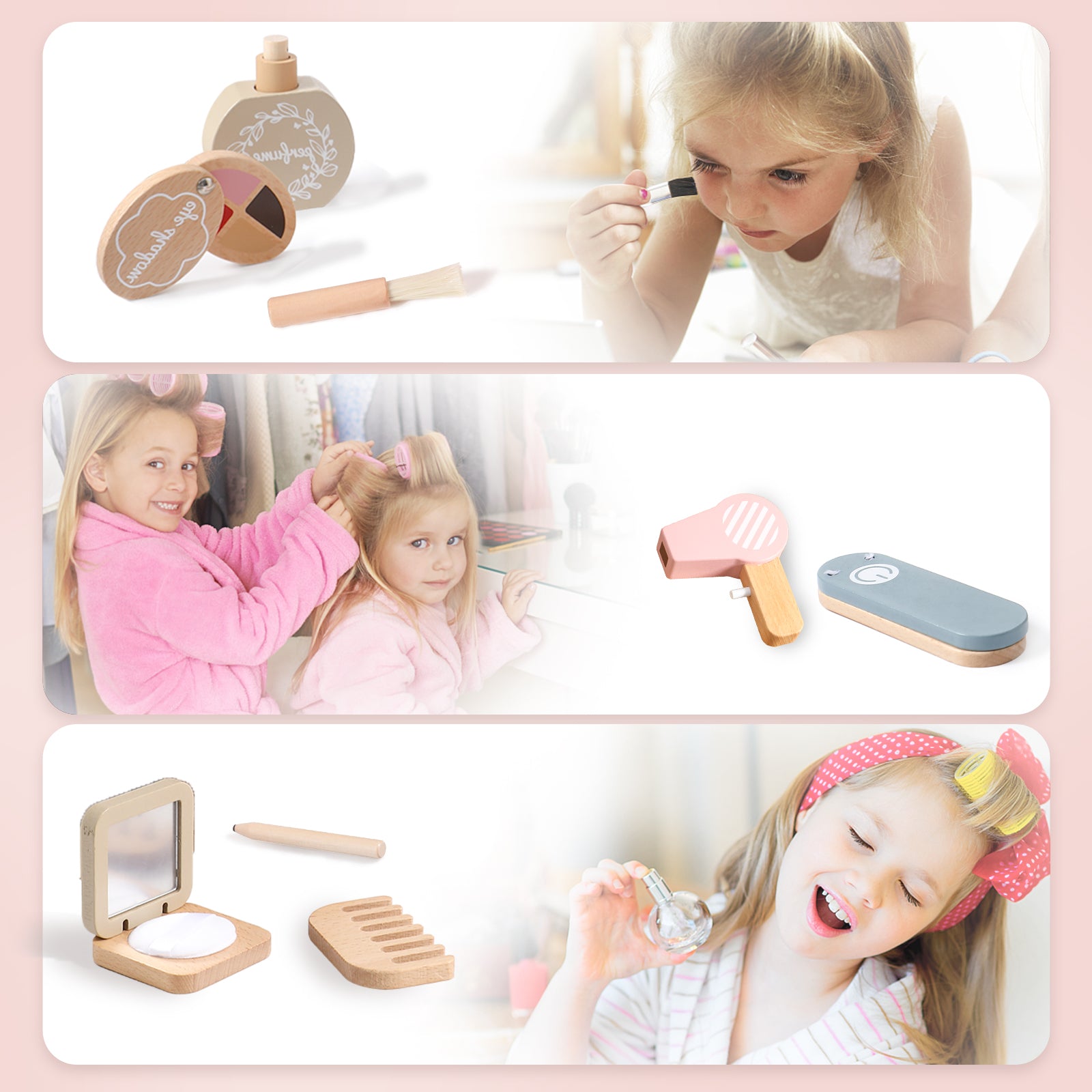 Collage of children playing with wooden makeup toys on a pink background