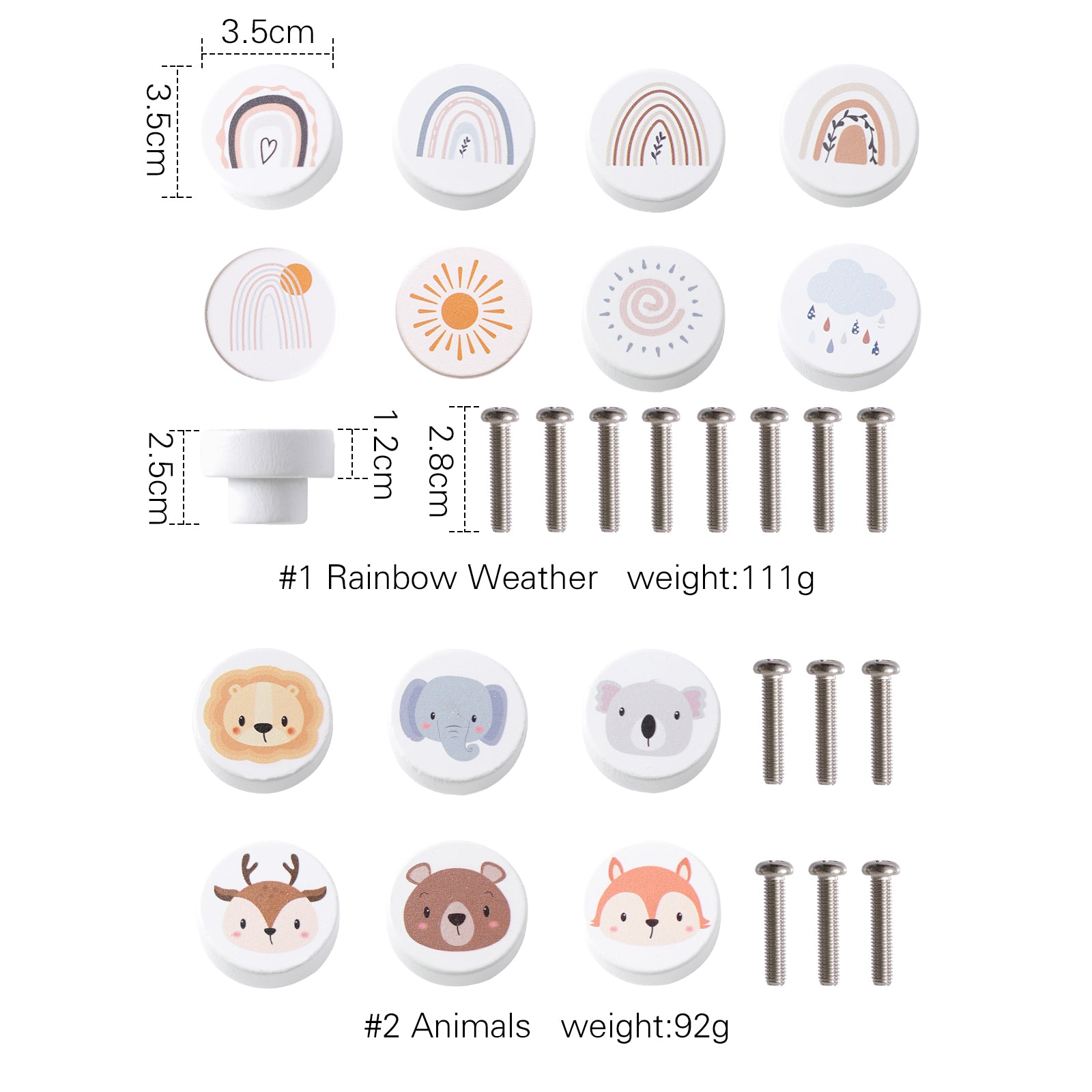 Set of decorative knobs with measurements and weights on a white background