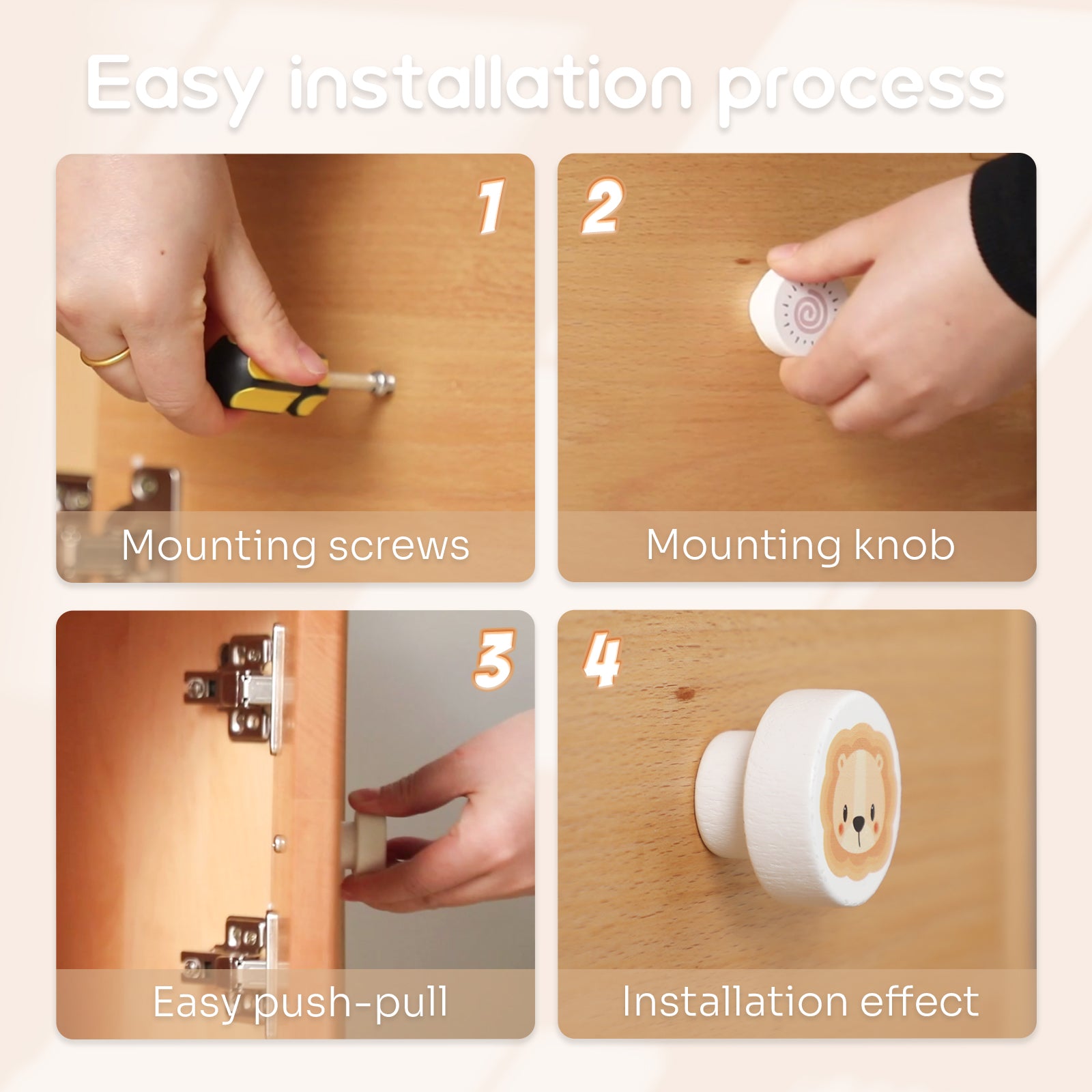 Step-by-step installation process of a wooden cabinet knob with text labels.