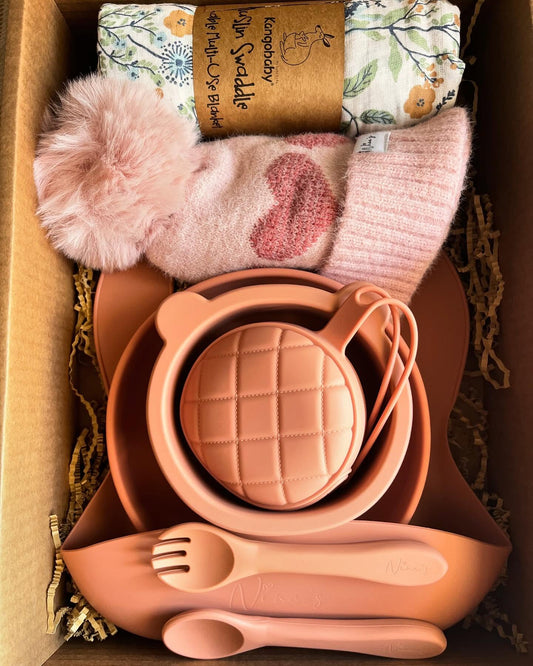 Newborn Baby Gift Box| Swaddle, Pacifier Pocket, Feeding Set & Beanie