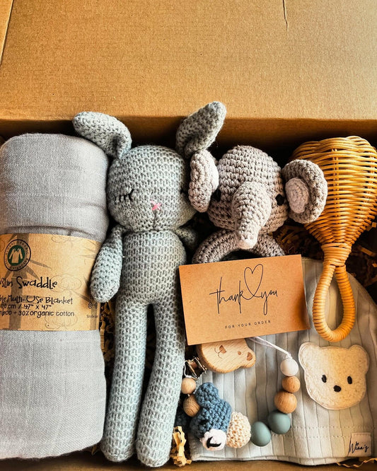 Newborn Baby Gift Box | Swaddle, Baby Hat, Pacifier Clip, Soft Toy, Teether & Shaker