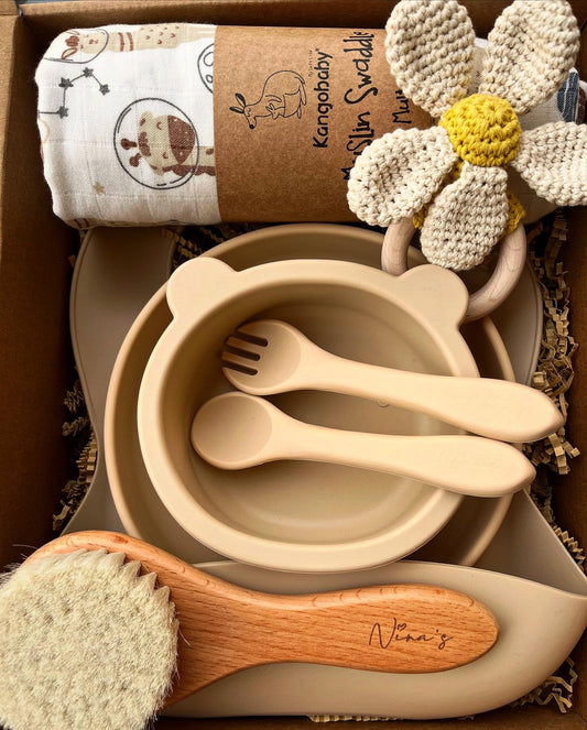 Infant & Toddler Gift Box | Swaddle, Baby Brush, Feeding Set & Teether