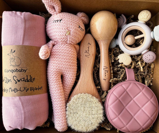 Newborn Baby Gift Box | Swaddle, Soft Toy, Baby Brush, Pacifier Pocket, Teether & Shaker