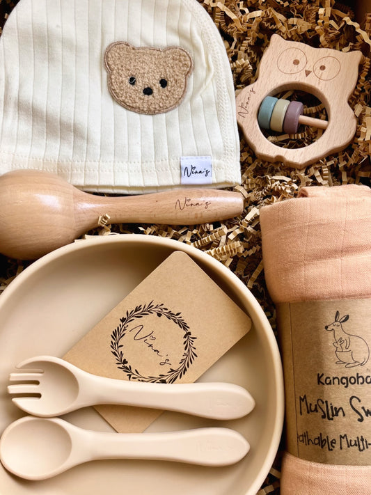 Newborn Baby Gift Box | Swaddle, Baby Hat, Plate & Shaker
