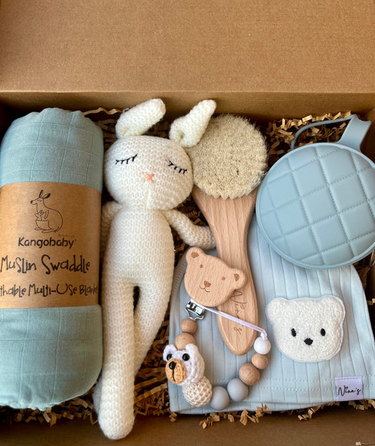 Newborn Baby Gift Box | Swaddle, Soft Toy, Baby Hat, Baby Brush, Pacifier Pocket & Clip.