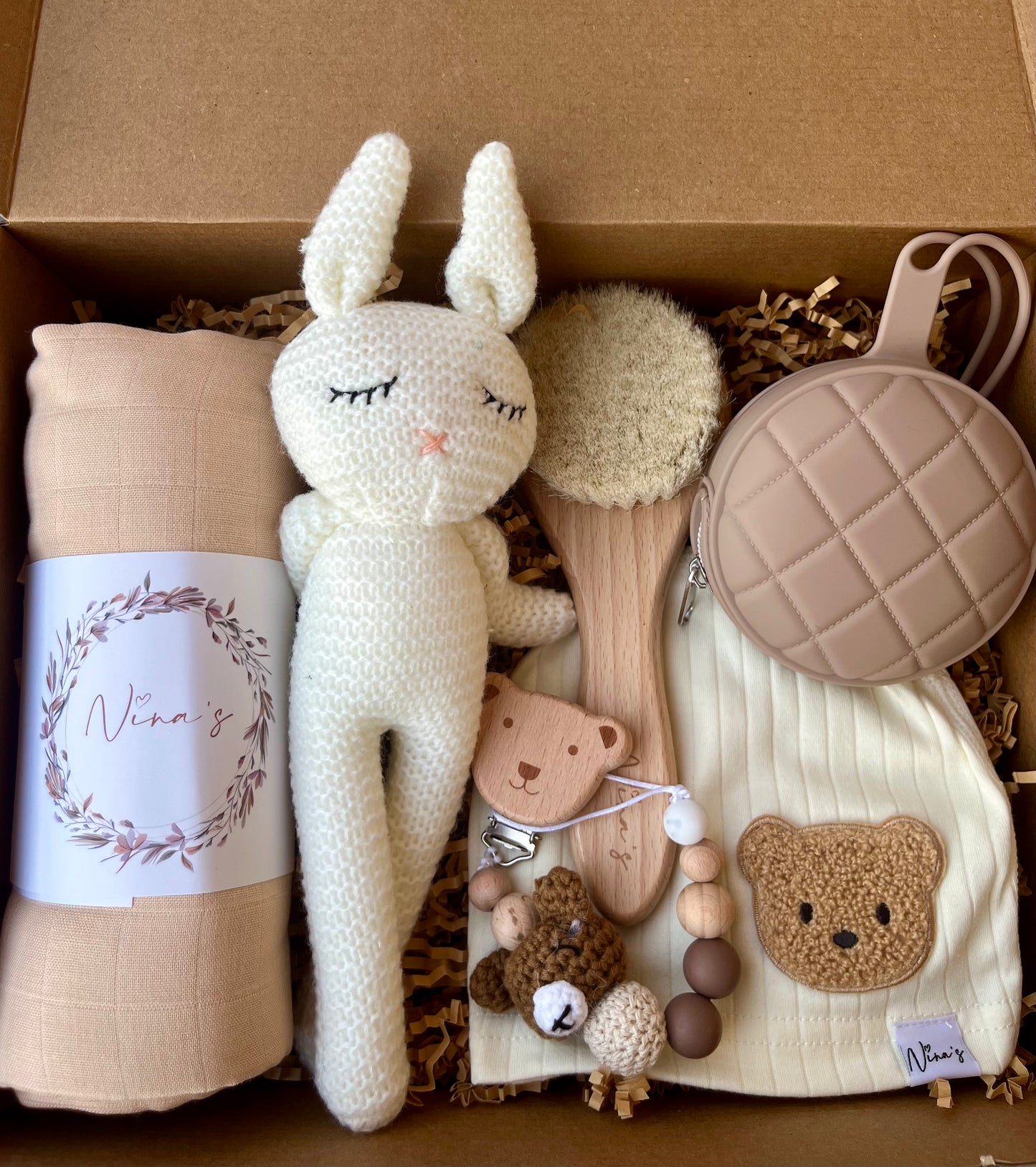 Newborn Baby Gift Box | Swaddle, Soft Toy, Baby Hat, Baby Brush, Pacifier Pocket & Clip.