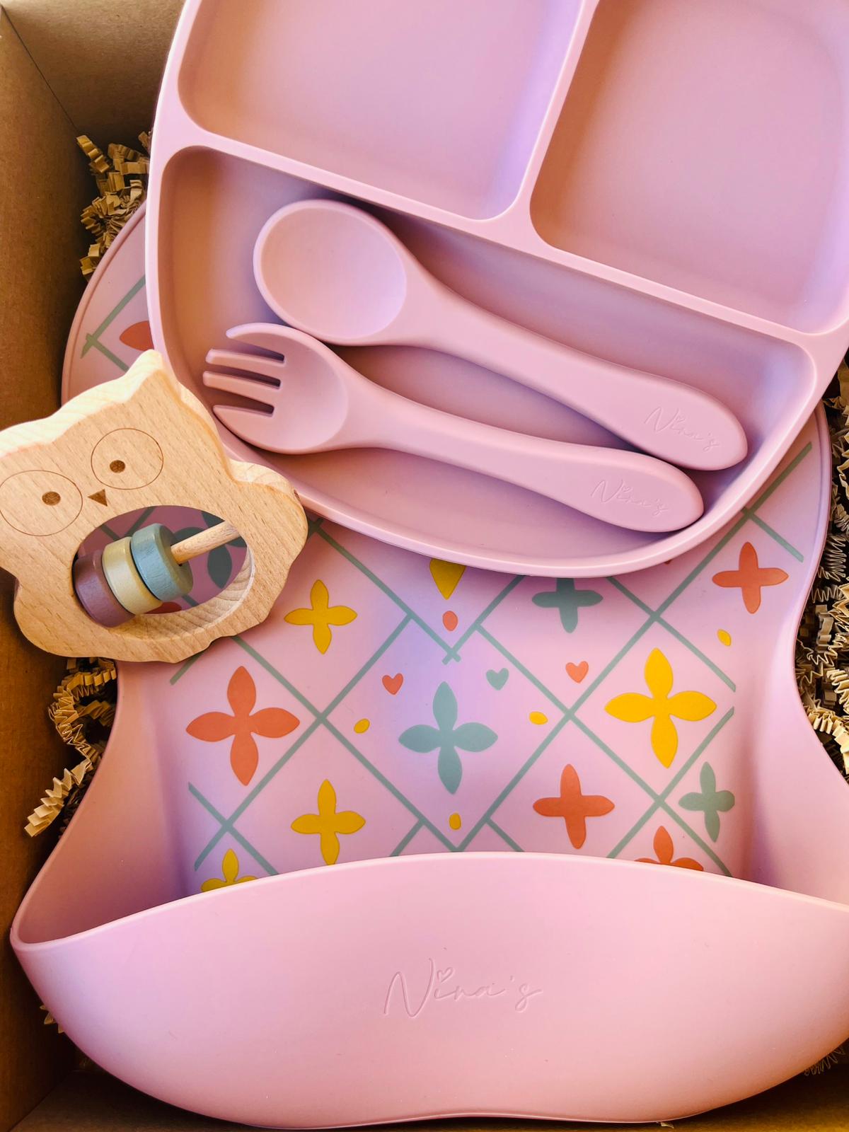 Infant & Toddler Gift Box | Animal Teether, Silicone Bib, Bowl, Fork & Spoon
