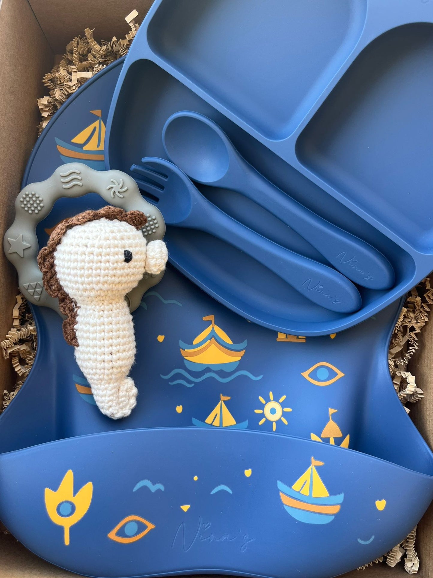 Infant & Toddler Gift Box | Animal Teether, Silicone Bib, Bowl, Fork & Spoon