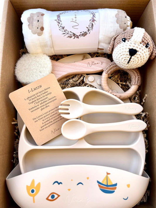 Neutral Newborn & Infant Baby Gift Box | Swaddle, Luzzu Bib, Plate, Fork & Spoon, Teether & Baby Brush