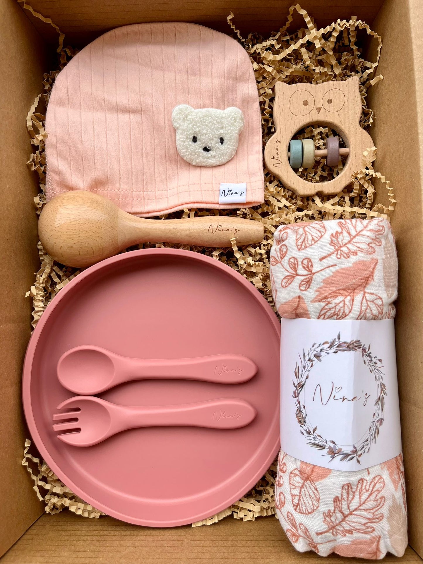 Girl Newborn Baby Gift Box | Swaddle, Baby Hat, Plate & Shaker