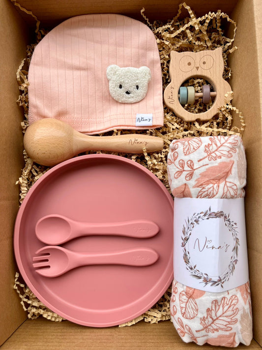 Girl Newborn Baby Gift Box | Swaddle, Baby Hat, Plate & Shaker