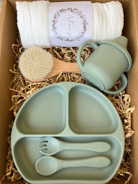 Newborn & Infant Gift Box | Divided Plate + Lid,Fork & Spoon, Sippy Cup, Baby Brush, Large Swaddle