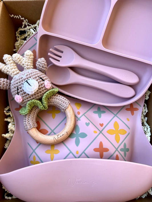 Infant & Toddler Gift Box | Animal Teether, Silicone Bib, Bowl, Fork & Spoon