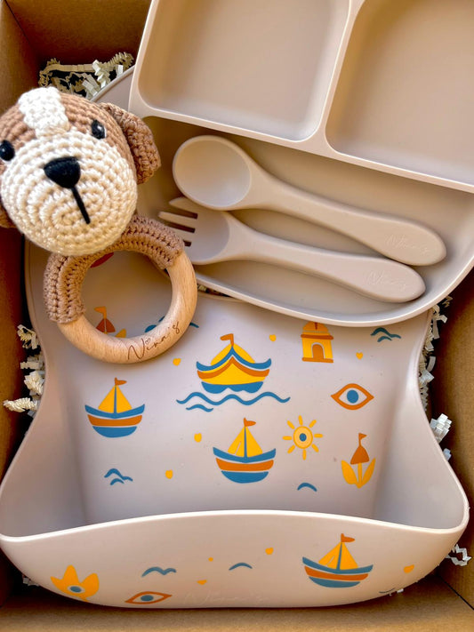 Infant & Toddler Gift Box | Animal Teether, Silicone Bib, Bowl, Fork & Spoon