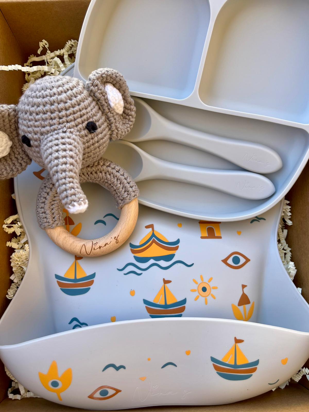 Infant & Toddler Gift Box | Animal Teether, Silicone Bib, Bowl, Fork & Spoon