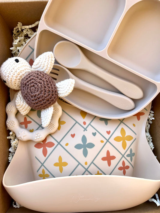 Infant & Toddler Gift Box | Animal Teether, Silicone Bib, Bowl, Fork & Spoon