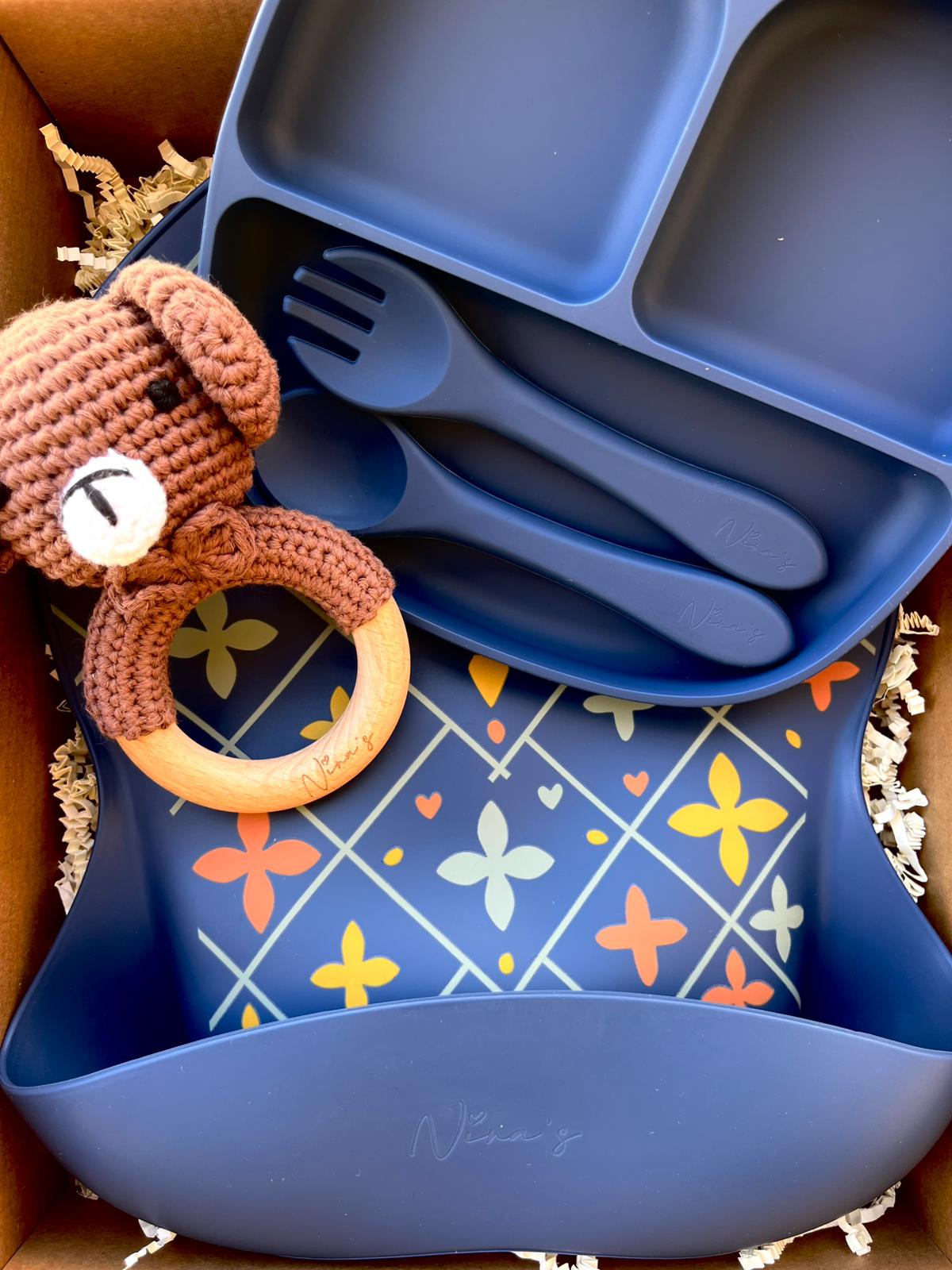 Infant & Toddler Gift Box | Animal Teether, Silicone Bib, Bowl, Fork & Spoon
