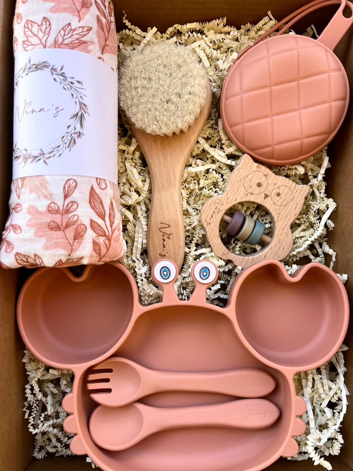 Infant & Toddler Gift Box | Swaddle, Baby Brush, Crab Plate, Pacifier Pocket & Shaker