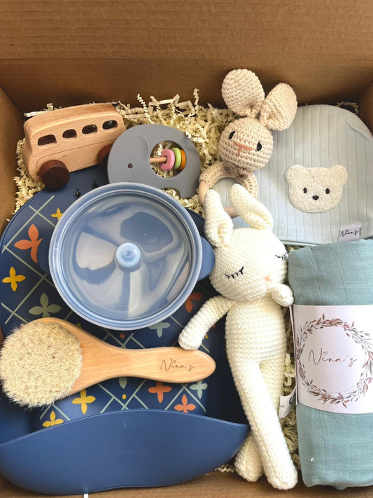 Newborn & Toddler Gift Box | Feeding Set, Teether, Swaddle, Soft Toy and more