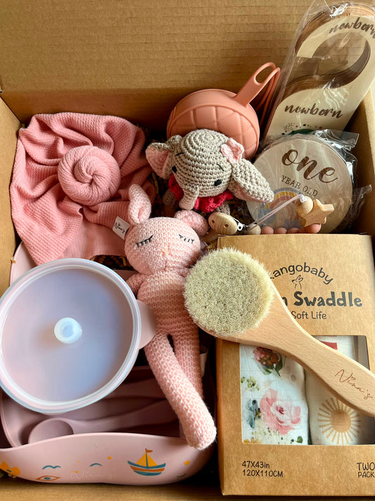 Newborn & Toddler Gift Box | Feeding Set, Swaddles, Milestone tags, Soft Toy and more