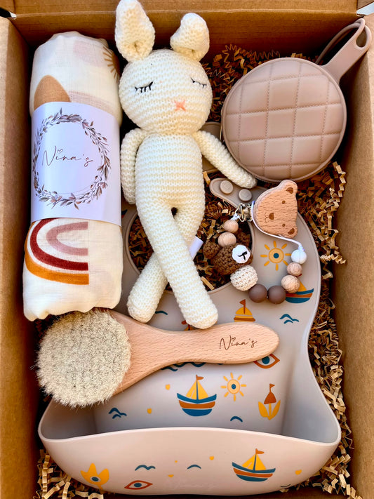 Newborn & Toddler Gift Box | Il-Luzzu Bib, Baby Brush, Swaddle, Soft Toly, Pacifier Chain & Pocket