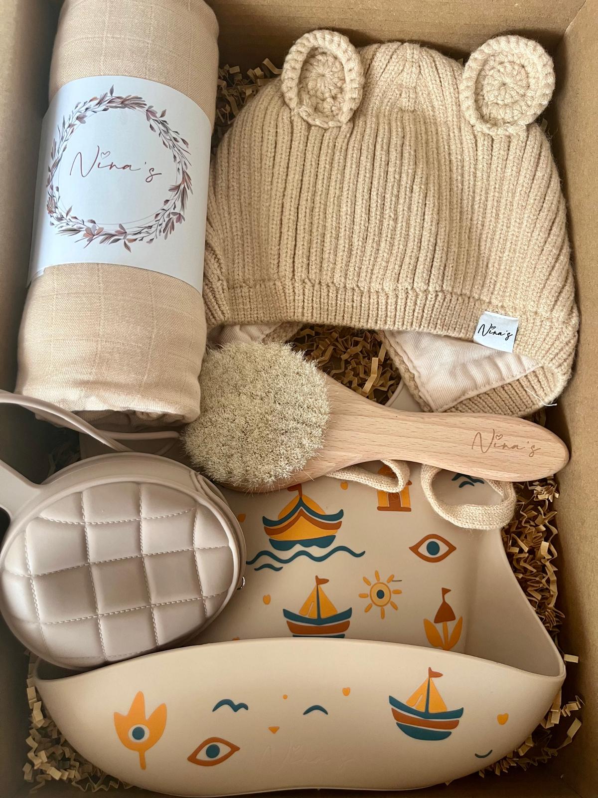 Newborn & Infant Gift Box | Large Swaddle, Baby Brush, Beanie, Il-Luzzu Silicone Bib & Pacifier Pocket