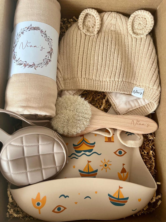 Newborn & Infant Gift Box | Large Swaddle, Baby Brush, Beanie, Il-Luzzu Silicone Bib & Pacifier Pocket