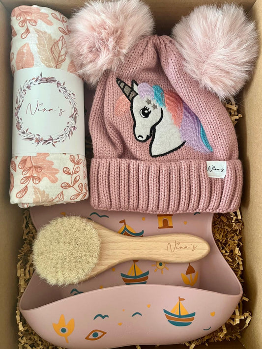 Newborn & Infant Gift Box | Large Swaddle, Baby Brush, Unicorn Beanie & Il-Luzzu Silicone Bib