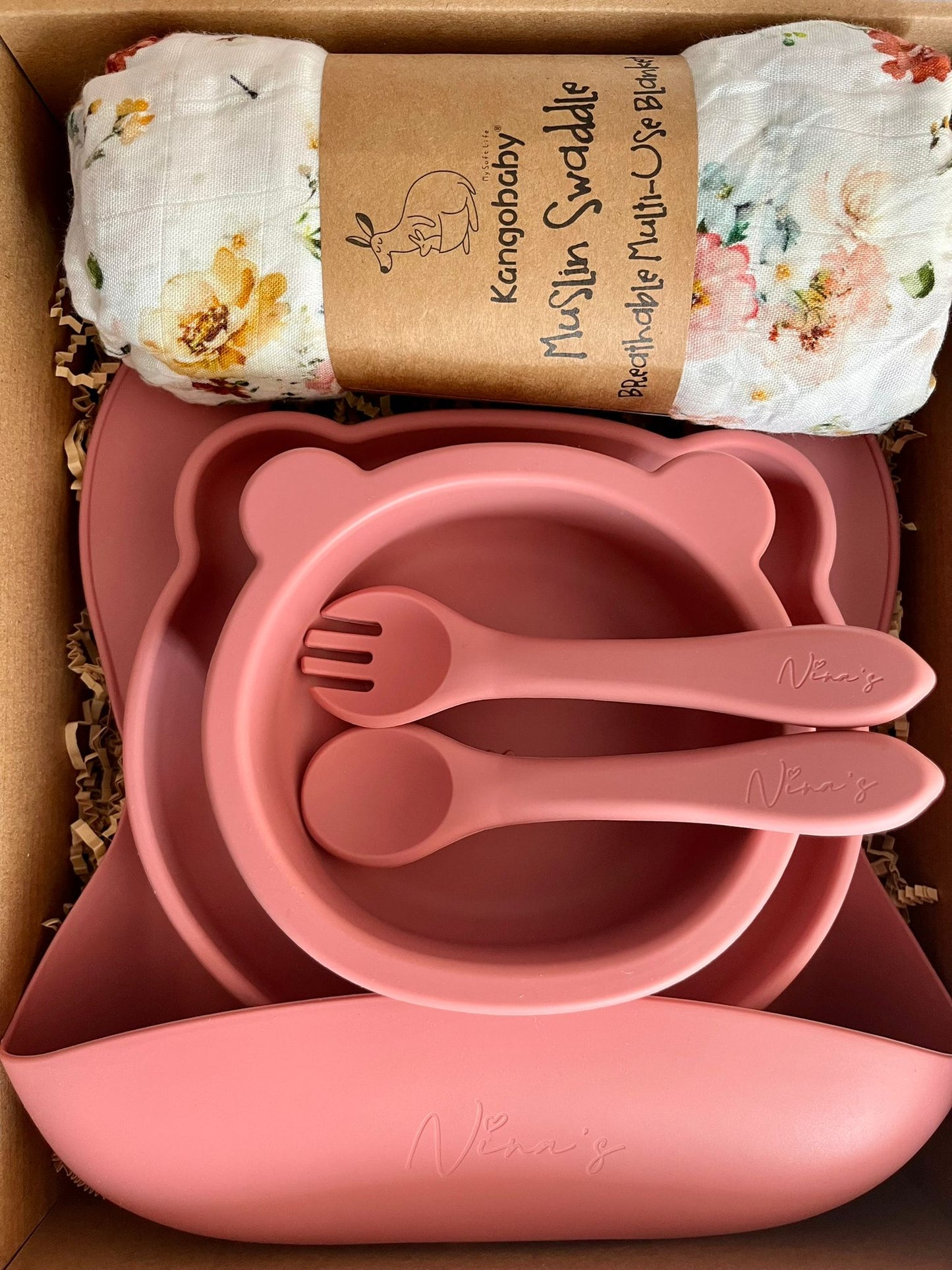 Newborn & Infant Gift Box | Swaddle, Silicone Bib, Plate, Bowl, Spoon & Fork
