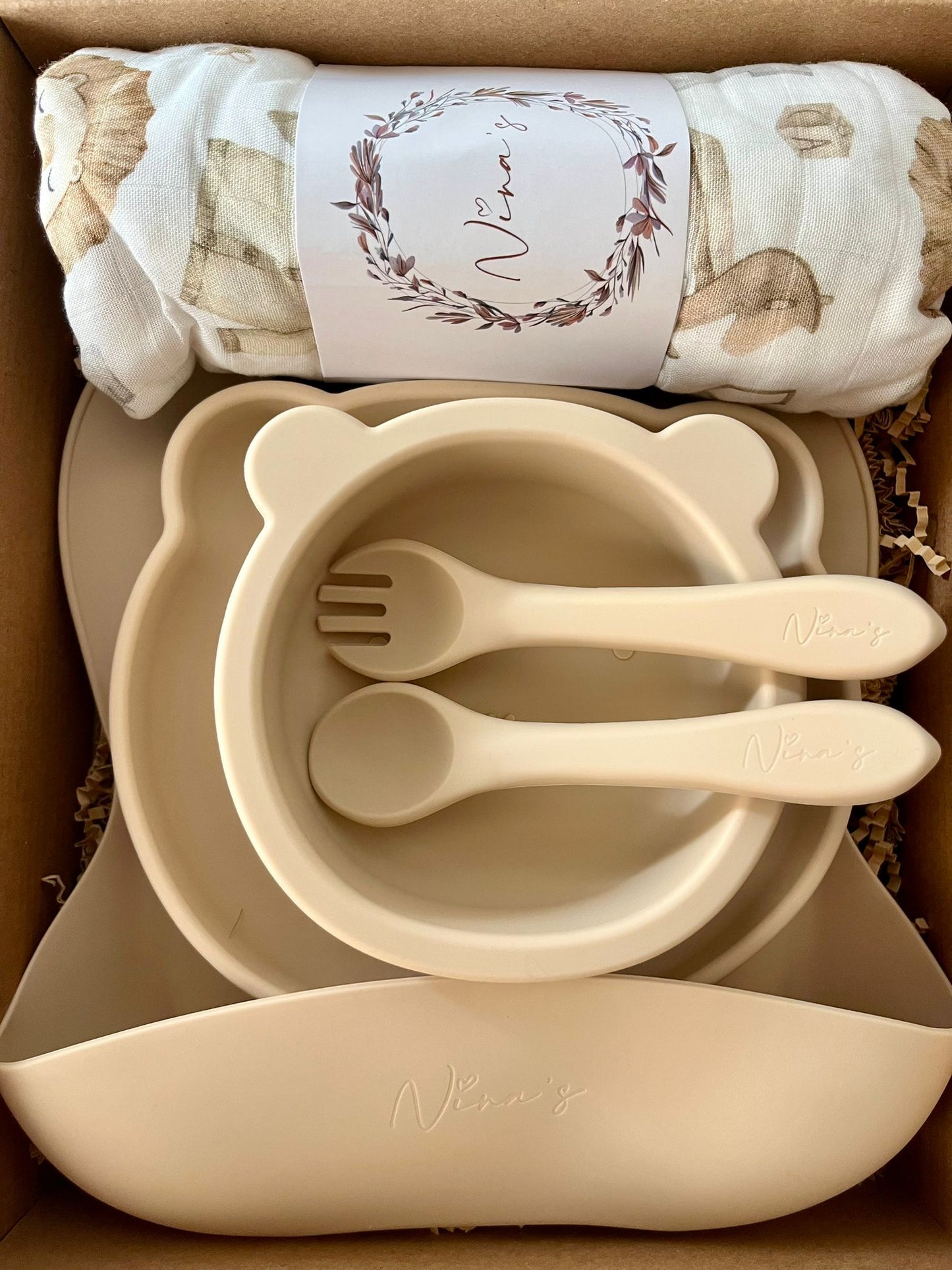 Newborn & Infant Gift Box | Swaddle, Silicone Bib, Plate, Bowl, Spoon & Fork