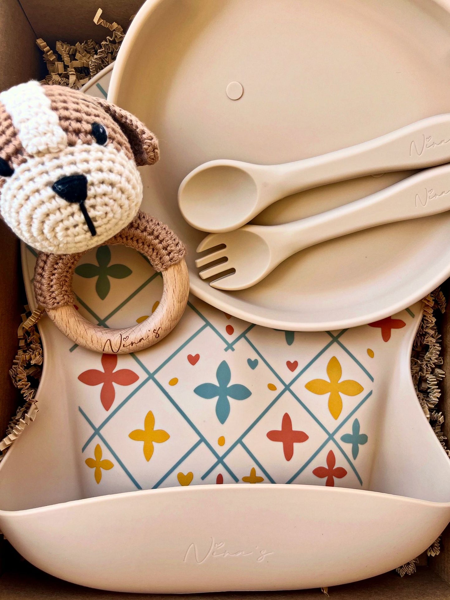 Infant & Toddler Gift Box | Animal Teether, Silicone Bib, Bowl, Fork & Spoon