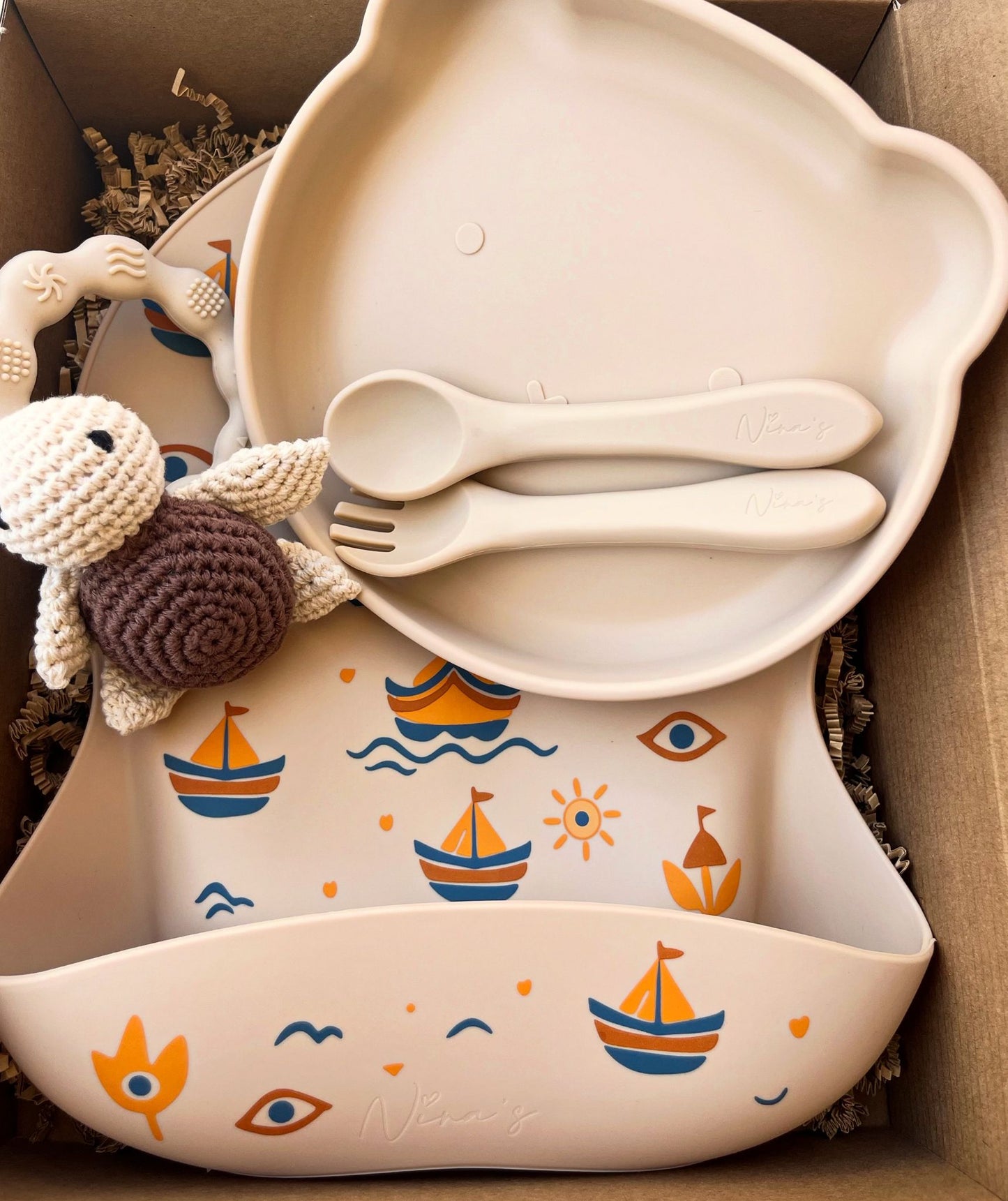 Infant & Toddler Gift Box | Animal Teether, Silicone Bib, Bowl, Fork & Spoon