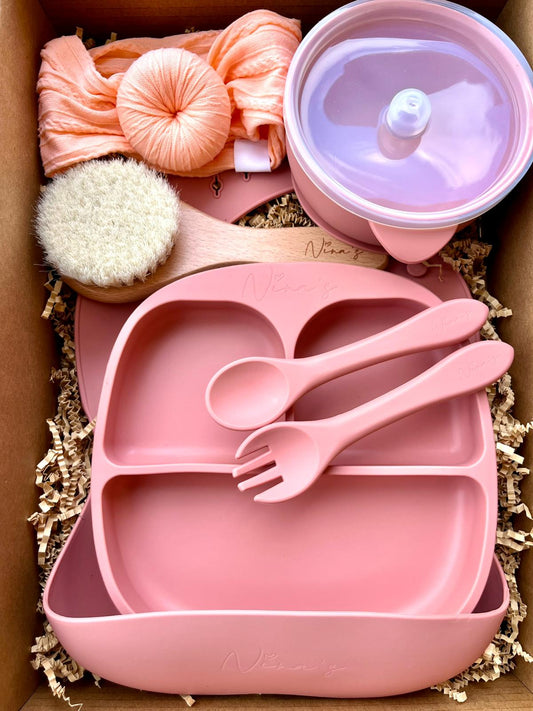 Newborn & Infant Gift Box | Baby Brush, Turban Headband, Silicone Bib, Plate, Bowl, Spoon & Fork
