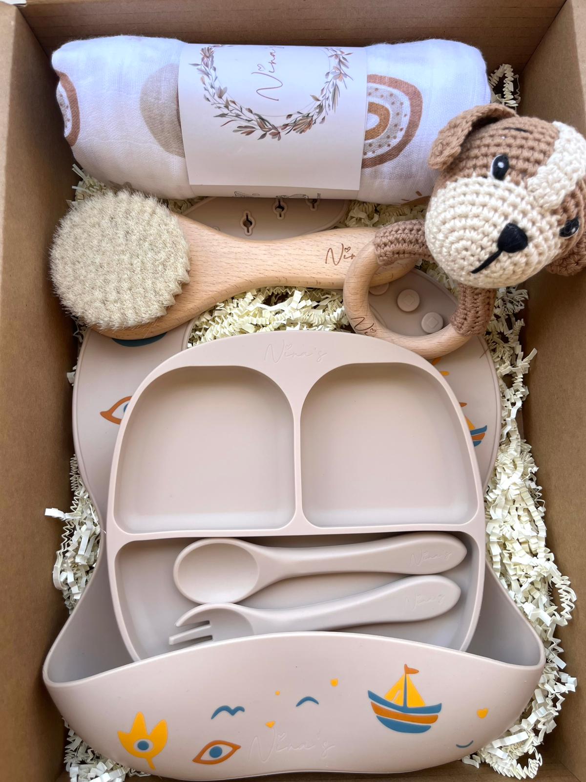 Neutral Newborn & Infant Baby Gift Box | Swaddle, Luzzu Bib, Plate, Fork & Spoon, Teether & Baby Brush