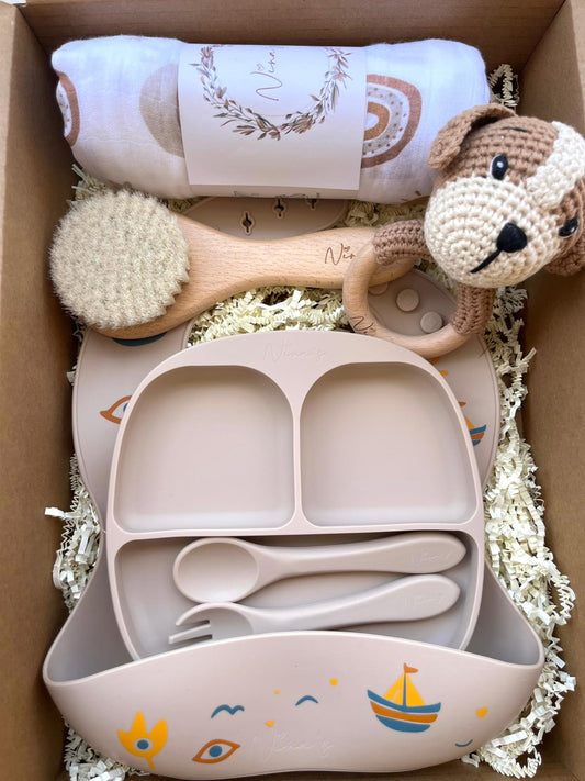Neutral Newborn & Infant Baby Gift Box | Swaddle, Luzzu Bib, Plate, Fork & Spoon, Teether & Baby Brush